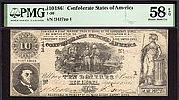 T-30, 1861 Confederate States of America $10, 53437, PMG-58 EPQ